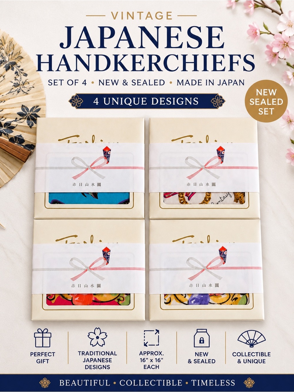 Vintage Japanese Handkerchief Set 4 New Sealed Floral Gift Japan